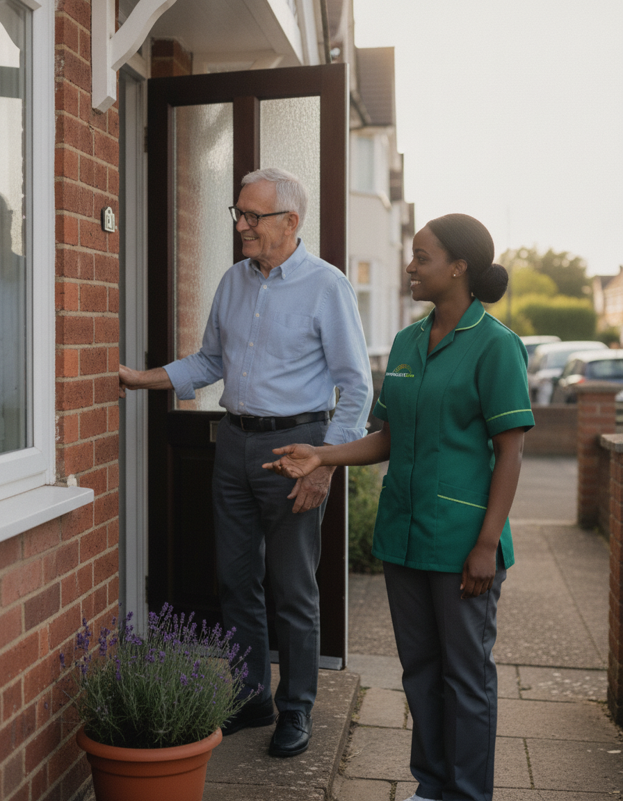 Springlite Care carer in a green uniform greeting an older man at his front door in Kent and London