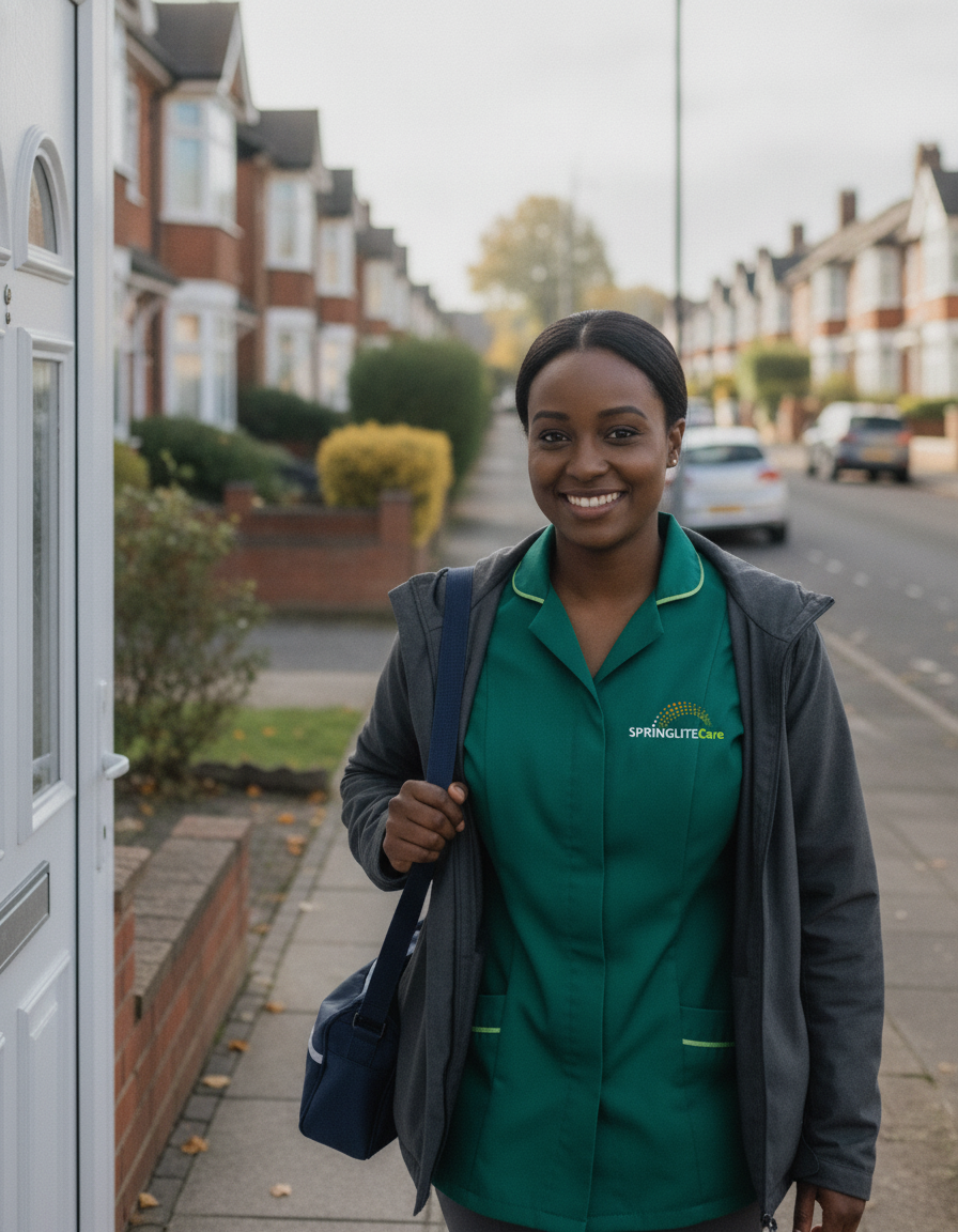 Springlite Care carer in a green uniform arriving for a home care visit on a residential street in Kent and London
