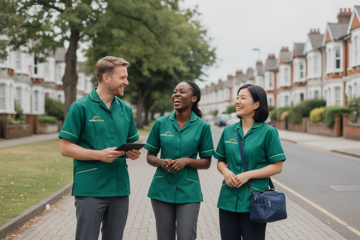 Springlite Care's local team of carers from diverse backgrounds chatting on a residential street