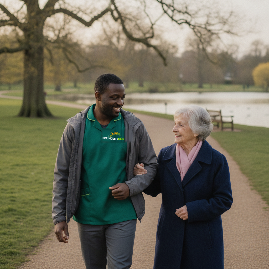 Springlite Care carer walking arm in arm with an older woman through a local park