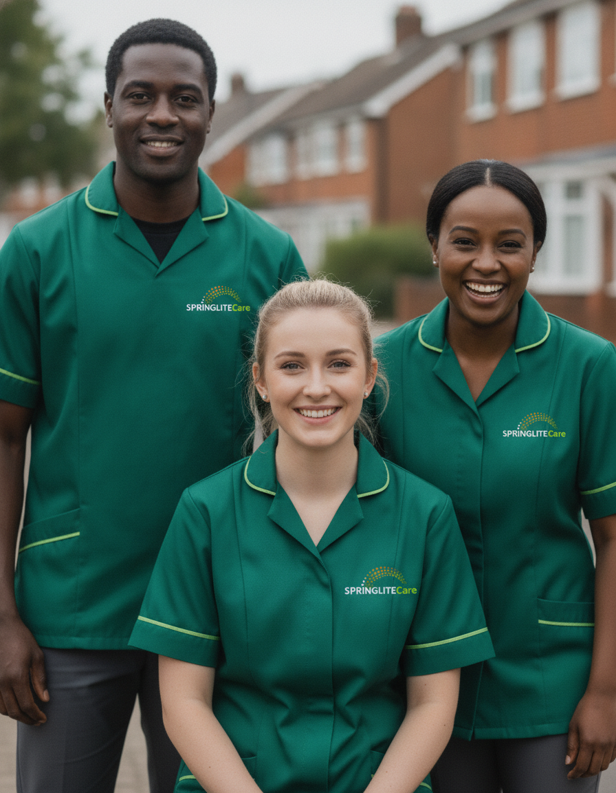 Three smiling Springlite Care carers from diverse backgrounds in green uniforms, representing care jobs in Kent and London