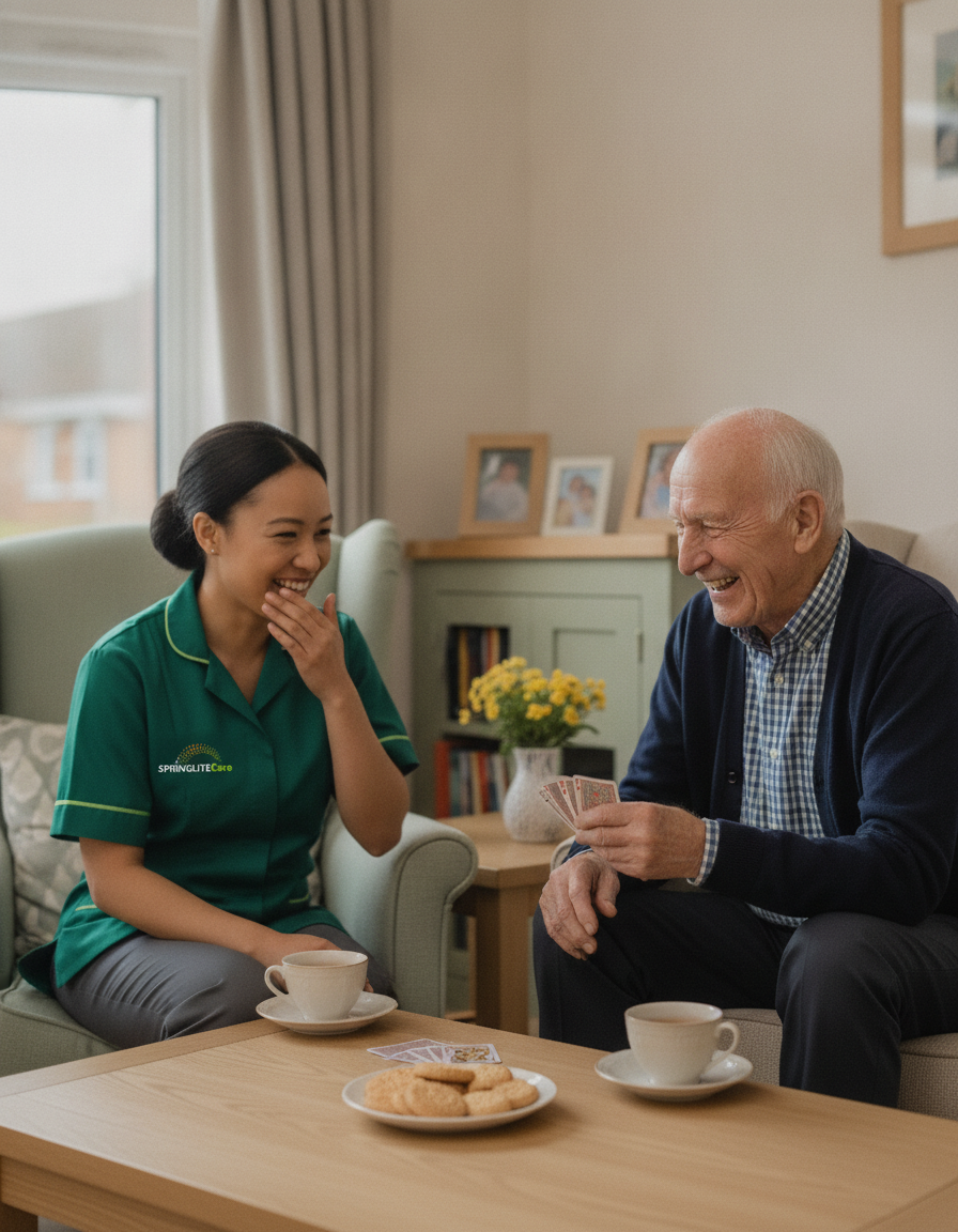 Springlite Care carer in a green uniform laughing with an older man over a game of cards at his home in Kent and London