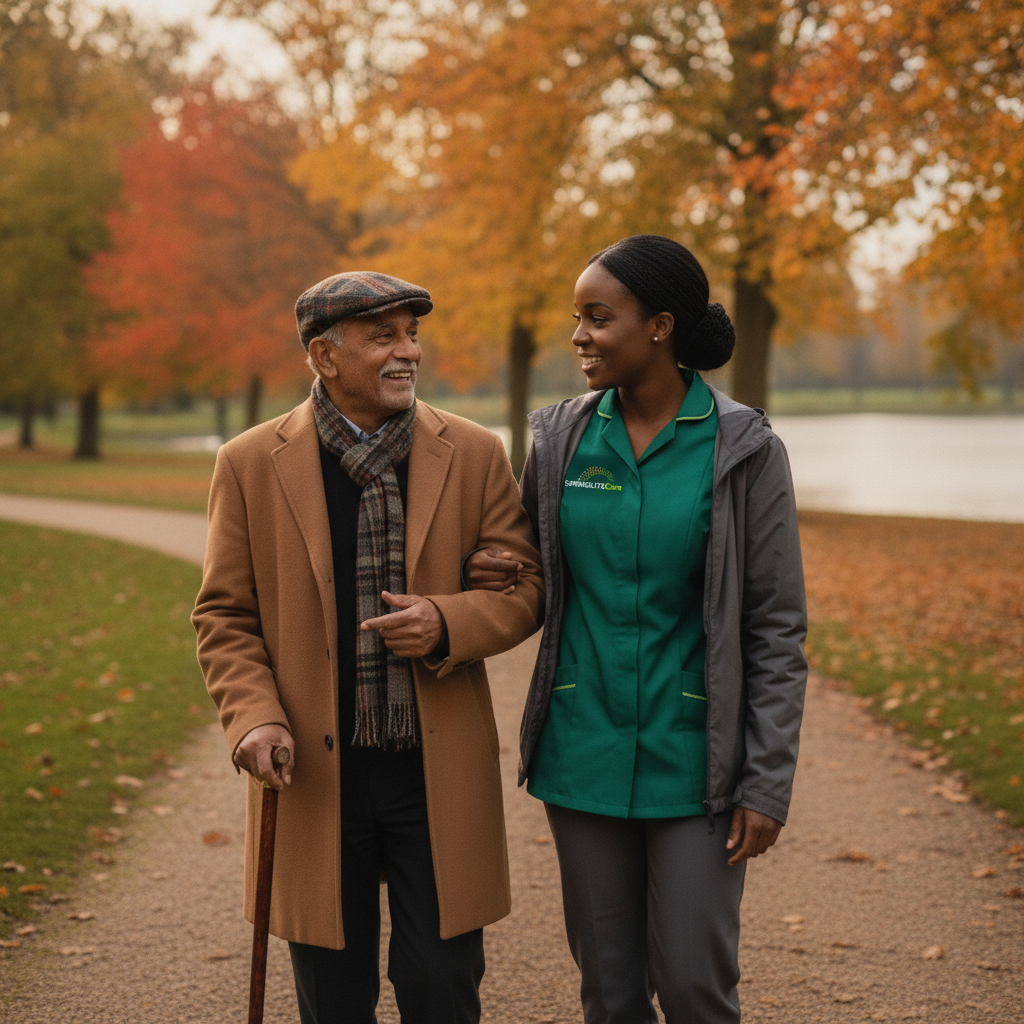 Springlite Care carer walking arm in arm with an older man through a local park in London
