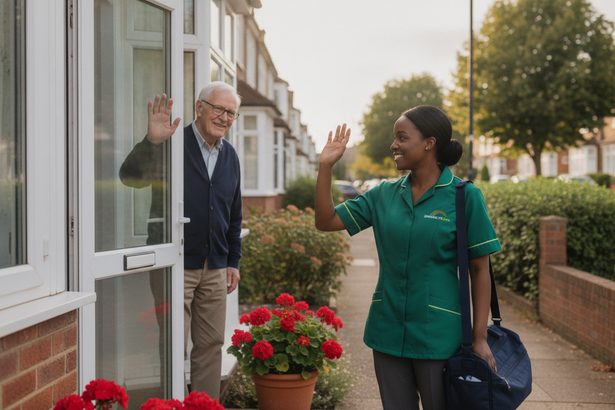 Springlite Care carer waving goodbye to an older man at his front door after a home care visit in Kent and London