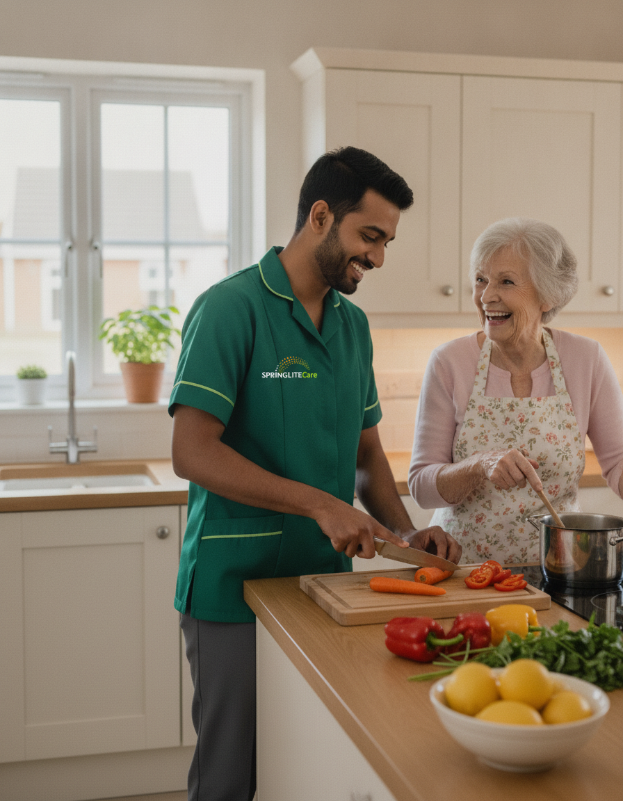 Springlite Care carer in a green uniform preparing a fresh meal with an older woman in her Kent and London kitchen