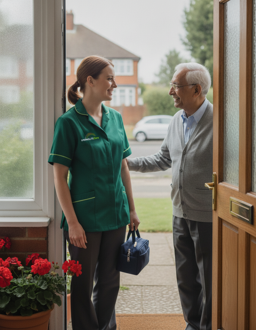 Springlite Care carer in a green uniform arriving for a domiciliary care visit at a home in Kent and London