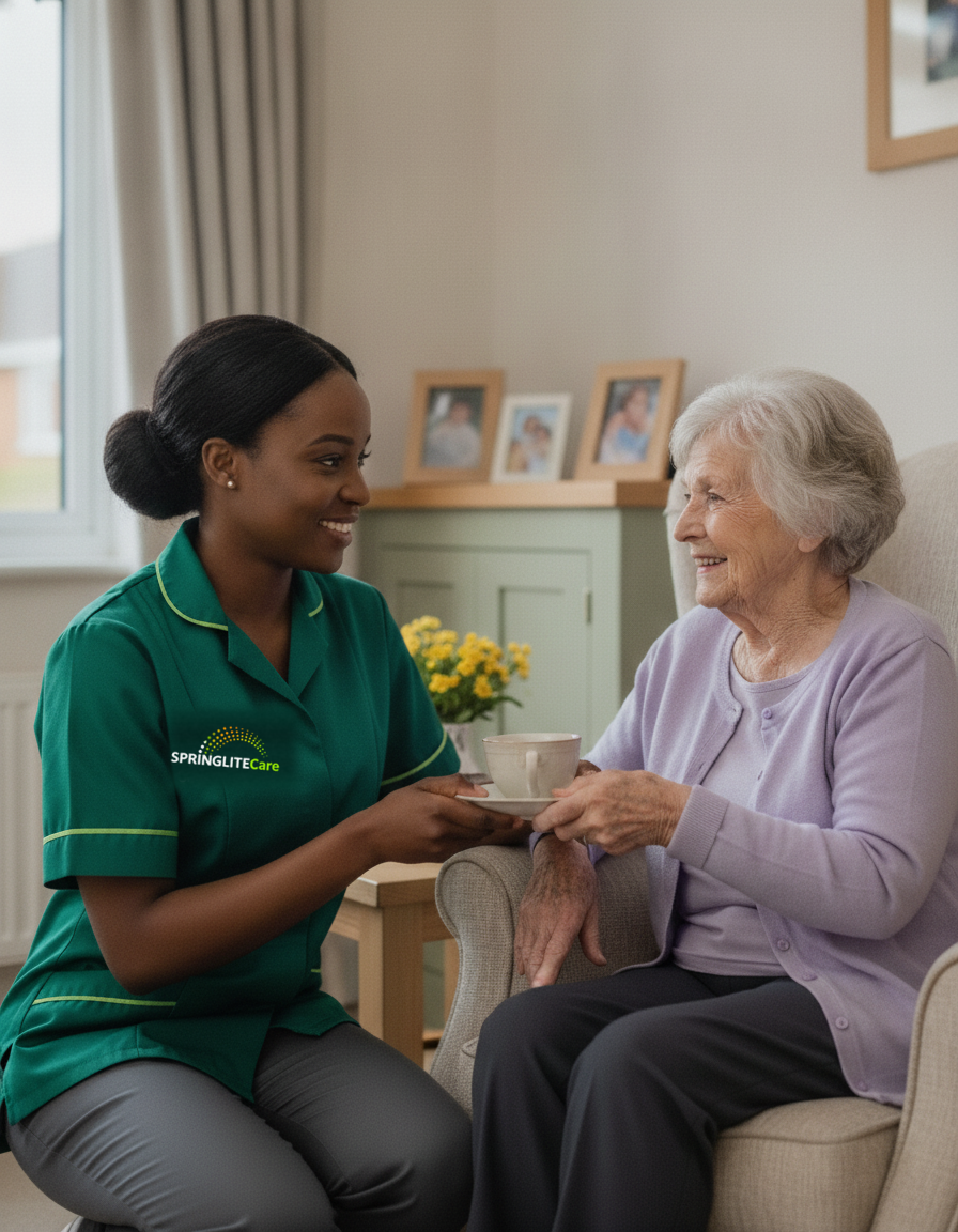 Springlite Care carer in a green uniform sharing a cup of tea with an older woman at home in Kent and London