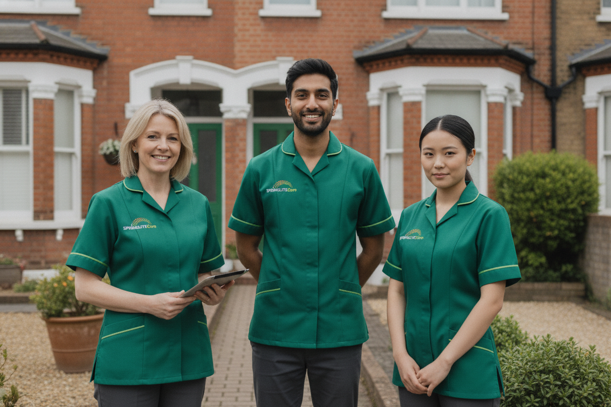 Three Springlite Care carers from diverse backgrounds in green uniforms outside a Kent and London home