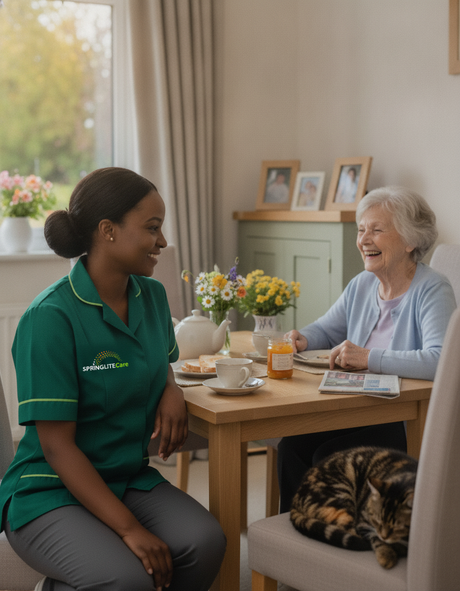 Springlite Care live-in carer in a green uniform sharing breakfast with an older woman at home in Kent and London
