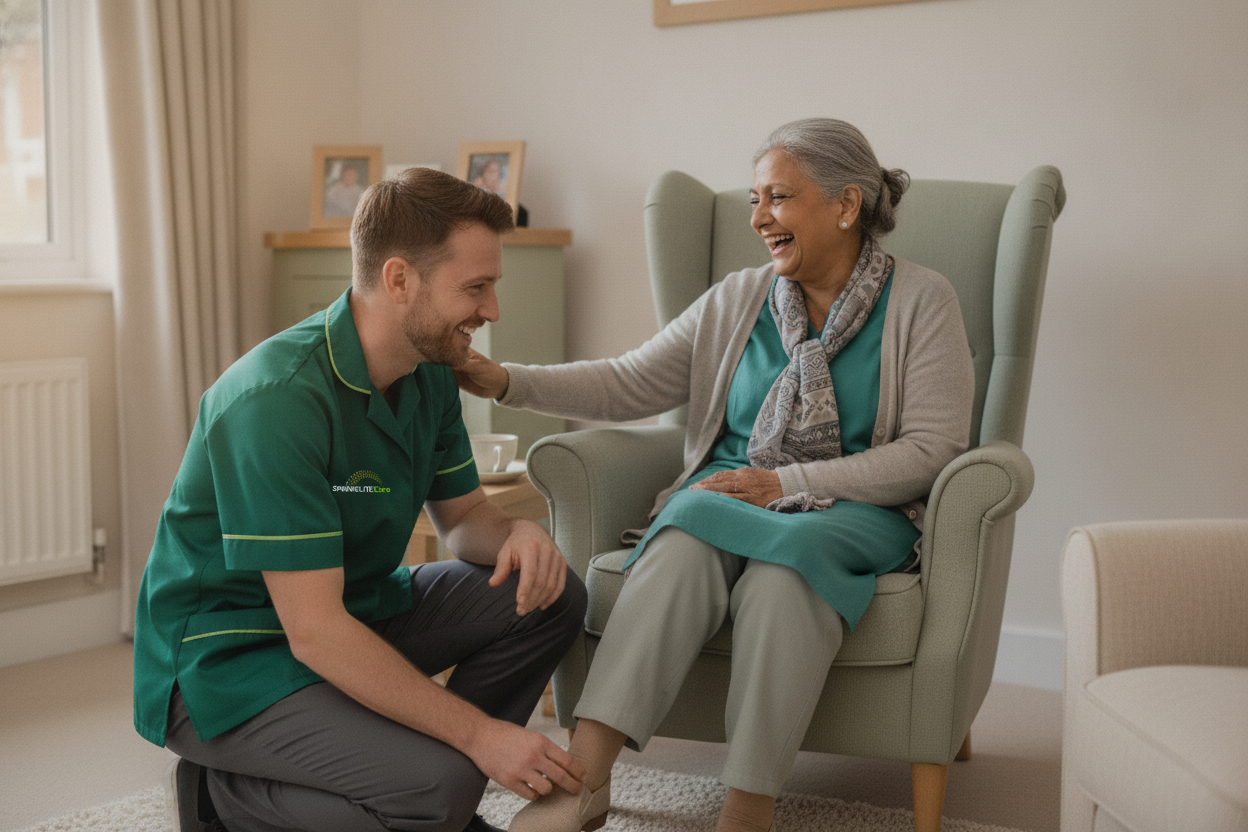 Springlite Care carer helping an older woman with her shoes during her morning routine at home in Kent and London