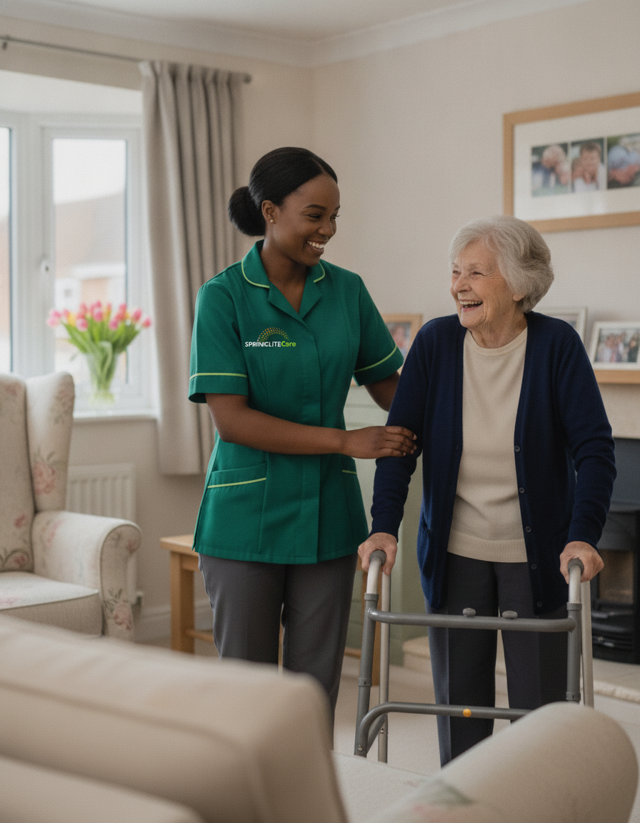 Springlite Care carer in a green uniform supporting an older woman using a walking frame at home in Kent and London